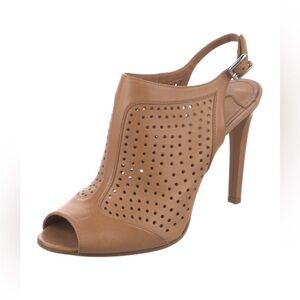 PRADA Size 39 or 7.5 Tan Leather Lasercut Accents Slingback Open Toe Sandals